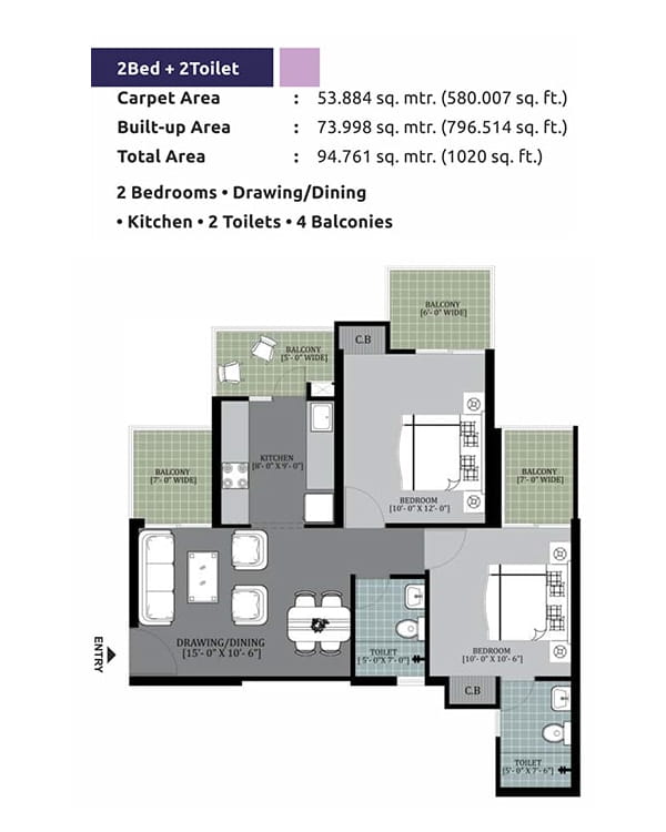 Arihant Abode 2 BHK + 2 TOI (1020 SQ.FT.) Floor Plan