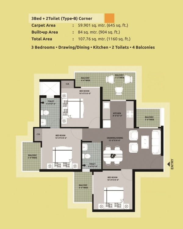 Arihant Abode 3 BHK + 2 TOI (1160 SQ.FT.) Floor Plan
