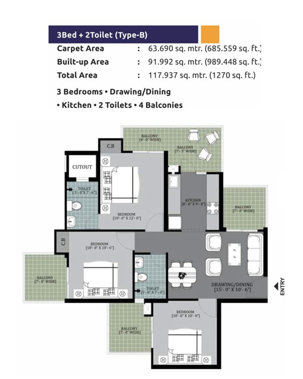 Arihant Abode 3 BHK + 2 TOI (1270 SQ.FT.) Floor Plan