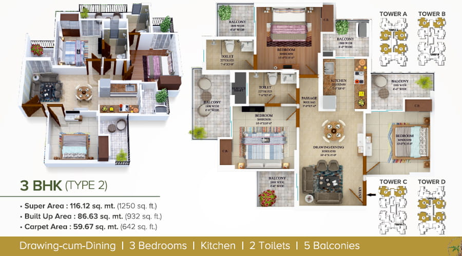 Civitech Strings 3 BHK + 2 TOI (1250 SQ.FT.) Floor Plan