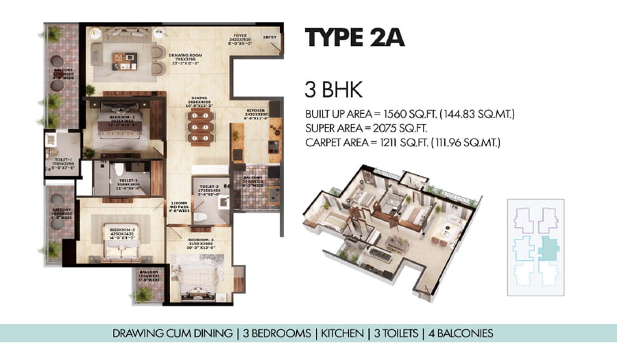 Civitech Strings 3 BHK + 3 TOI (2075 SQ.FT. Type-2A) Floor Plan