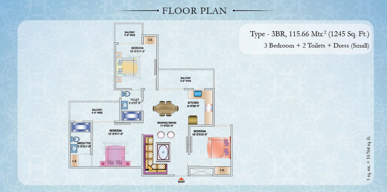 Nirala Estate Phase-1 3BHK+2T – 1245 Sq.Ft. Floor Plan
