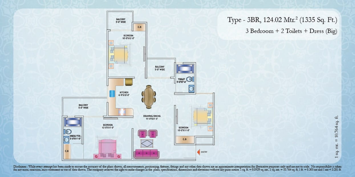 Nirala Estate Phase-1 3BHK+2T – 1335 Sq.Ft. Floor Plan