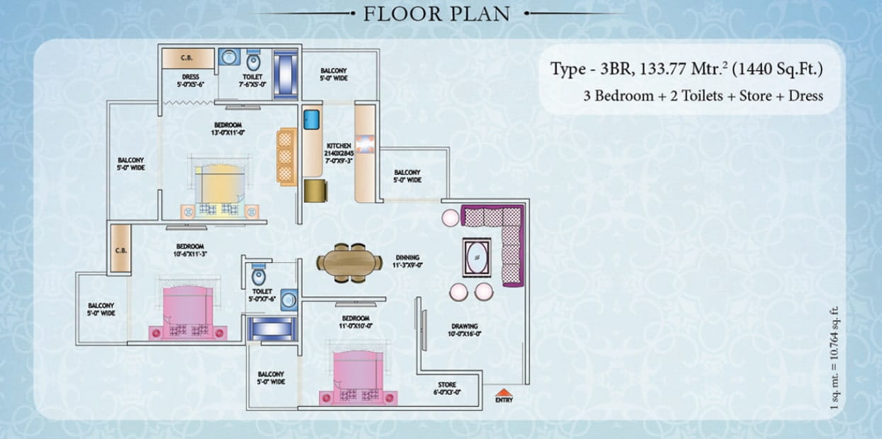 Nirala Estate Phase-1 3BHK+Store – 1440 Sq.Ft. Floor Plan