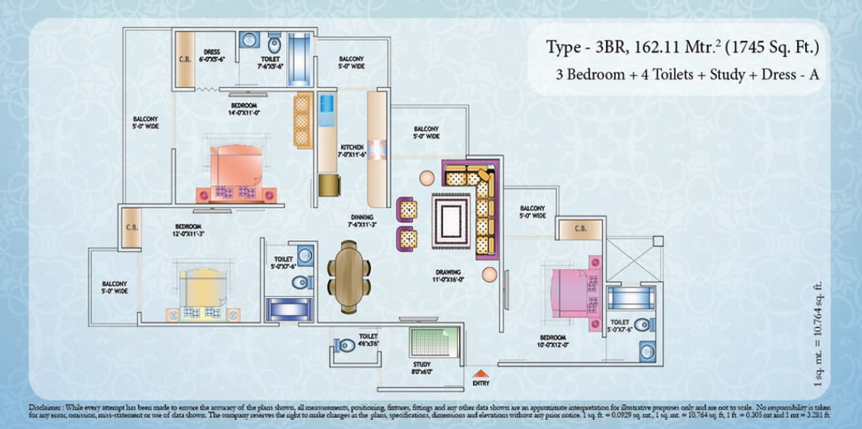 Nirala Estate Phase-1 3BHK+Study – 1745 Sq.Ft. Floor Plan