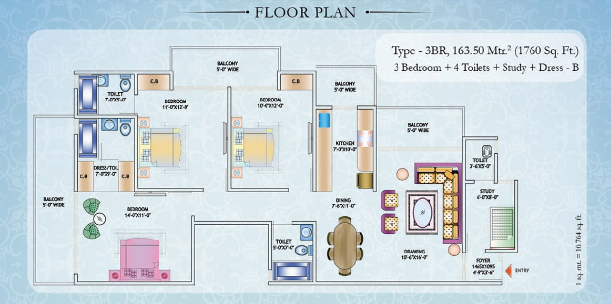 Nirala Estate Phase-1 3BHK+Study – 1760 Sq.Ft. Floor Plan