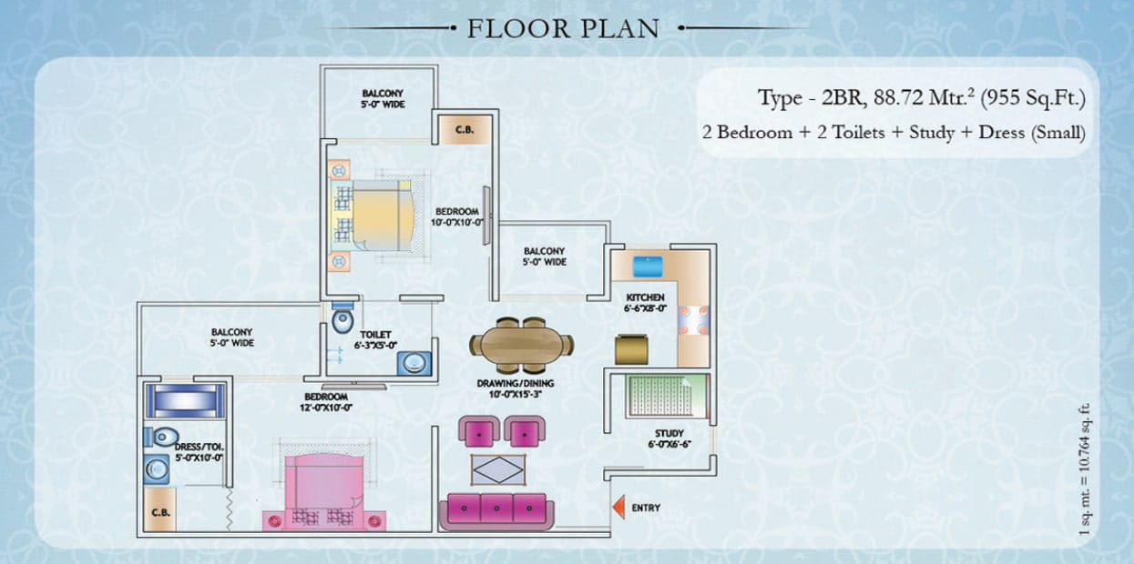 Nirala Estate Phase-1 2BHK+Study – 955 Sq.Ft. Floor Plan