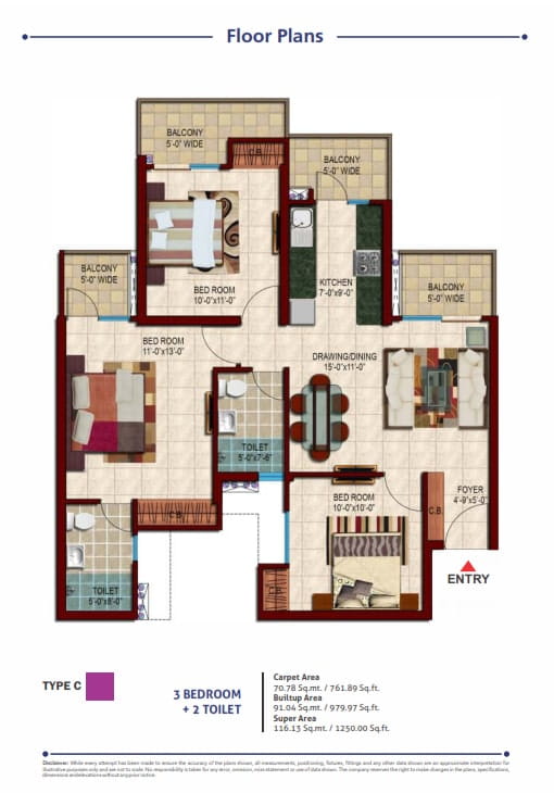 Nirala Estate Phase-2 3BHK + 2T (TYPE-C) – 1250 Sq.Ft. Floor Plan