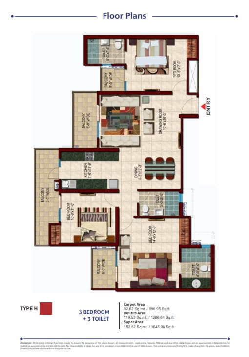 Nirala Estate Phase-2 3BHK + 3T (TYPE-H) – 1645 Sq.Ft. Floor Plan