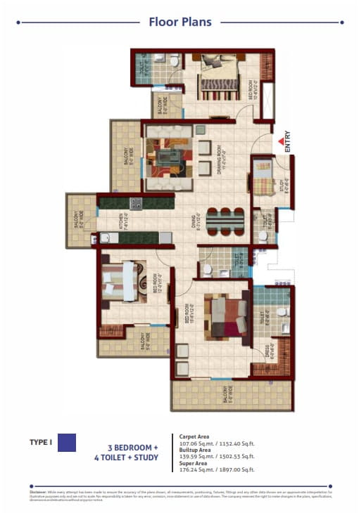 Nirala Estate Phase-2 3BHK + 3T + STUDY (TYPE-I) – 1897 Sq.Ft. Floor Plan