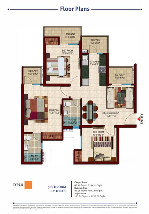 Nirala Estate Phase-3 3BHK + 2T (TYPE-B) – 1225 Sq.Ft. Floor Plan
