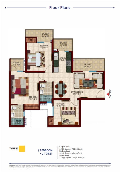 Nirala Estate Phase-3 3BHK + 2T (TYPE-E) – 1270 Sq.Ft. Floor Plan