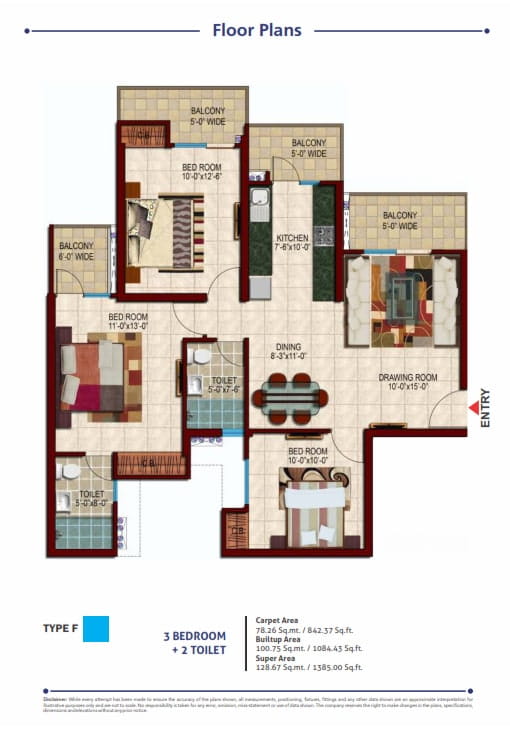 Nirala Estate Phase-3 3BHK + 2T (TYPE-F) – 1385 Sq.Ft. Floor Plan