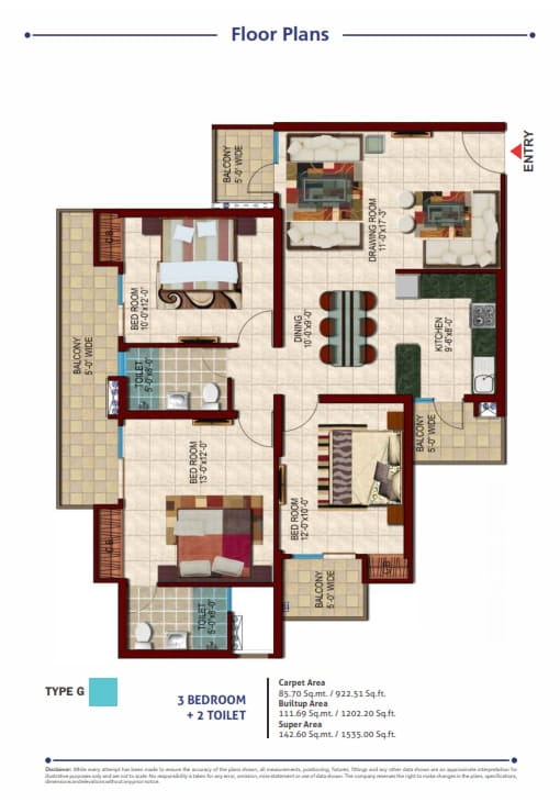 Nirala Estate Phase-3 3BHK + 2T (TYPE-G) – 1535 Sq.Ft. Floor Plan