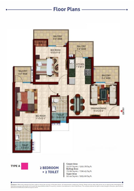 Nirala Estate Phase-3 2BHK + 2T (TYPE-A) – 995 Sq.Ft. Floor Plan
