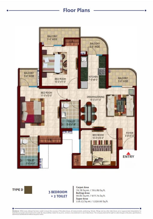 Nirala Estate Phase-4 3BHK + 2T (TYPE-D) – 1250 Sq.Ft. Floor Plan