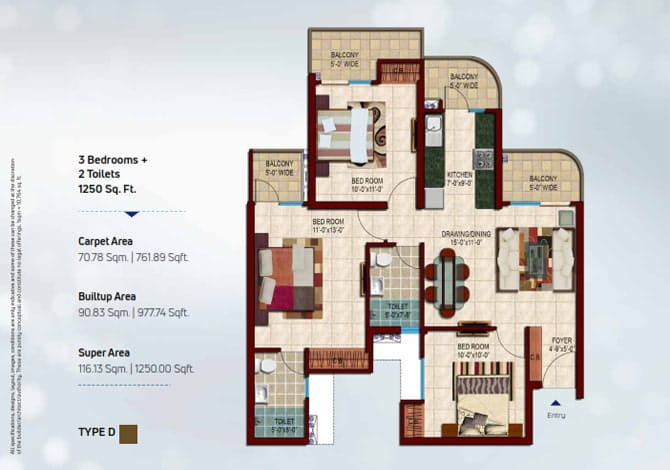 Nirala Estate Phase-5 3BHK + 2T (TYPE-D) – 1250 Sq.Ft. Floor Plan