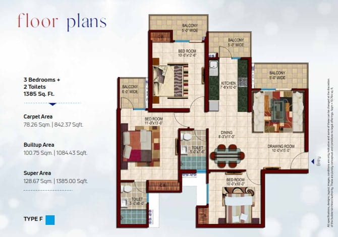 Nirala Estate Phase-5 3BHK + 2T (TYPE-F) – 1385 Sq.Ft. Floor Plan