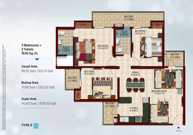 Nirala Estate Phase-5 3BHK + 2T (TYPE-G) – 1535 Sq.Ft. Floor Plan
