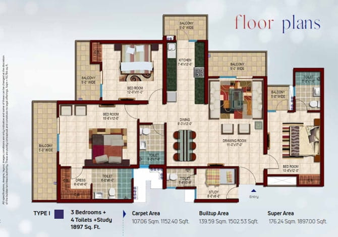 Nirala Estate Phase-5 3BHK + 3T + STUDY (TYPE-I) – 1897 Sq.Ft. Floor Plan