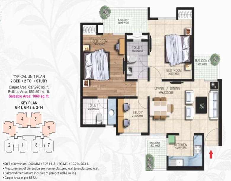 Nirala Greenshire Phase-1 2BED + 2TOI + STUDY (1060 SQFT) Floor Plan
