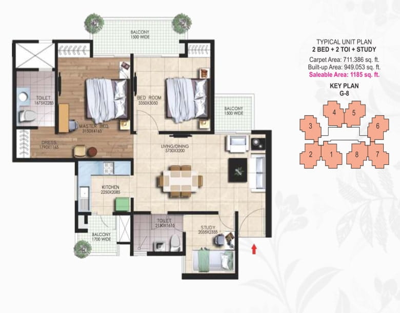 Nirala Greenshire Phase-1 2BED + 2TOI + STUDY (1185 SQFT) Floor Plan