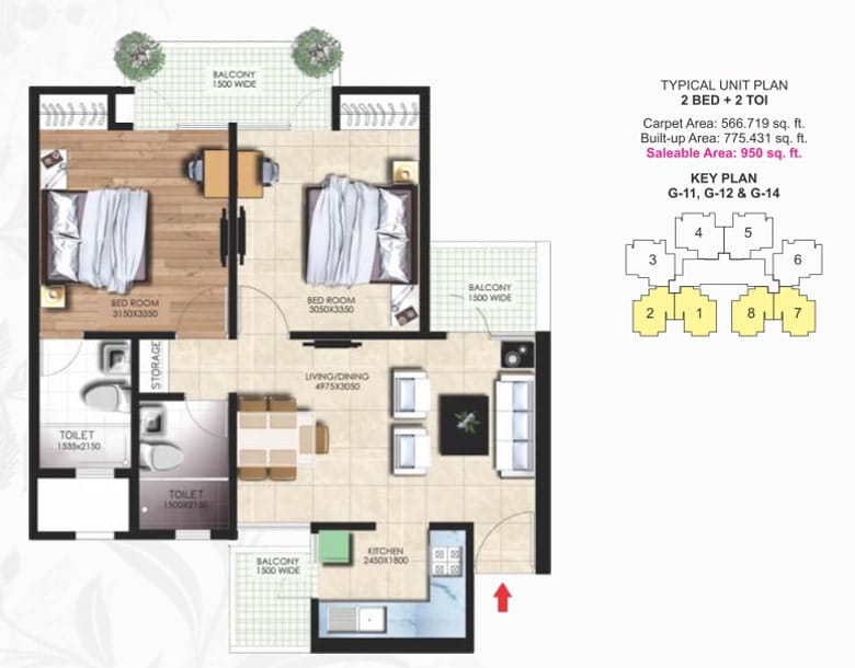Nirala Greenshire Phase-1 2BED + 2TOI (950 SQFT) Floor Plan