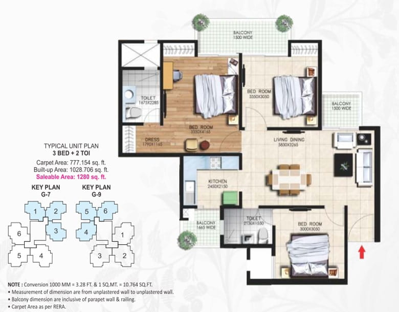 Nirala Greenshire Phase-1 3BED + 2TOI (1280 SQFT) Floor Plan