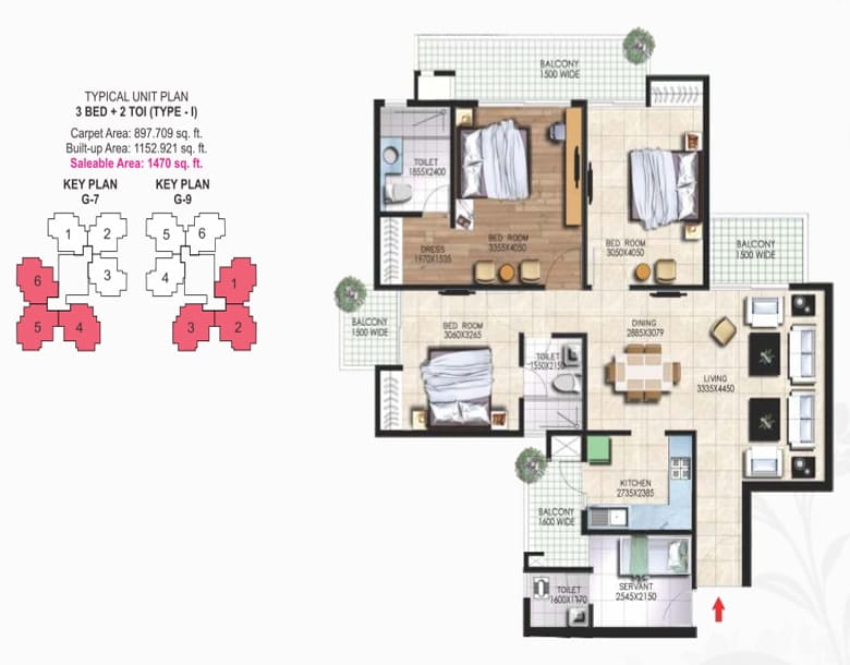 Nirala Greenshire Phase-1 3BED + 2TOI (1470 SQFT) Floor Plan