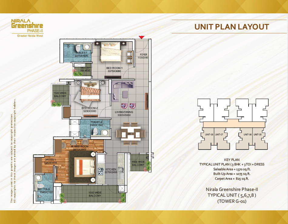 Nirala Greenshire Phase-2 3BED + 3TOI + DRESS (1370 SQFT) Floor Plan