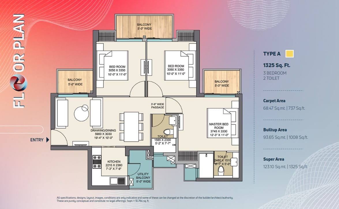 Nirala Trio 3 BHK – 1325 Sq.Ft. Floor Plan