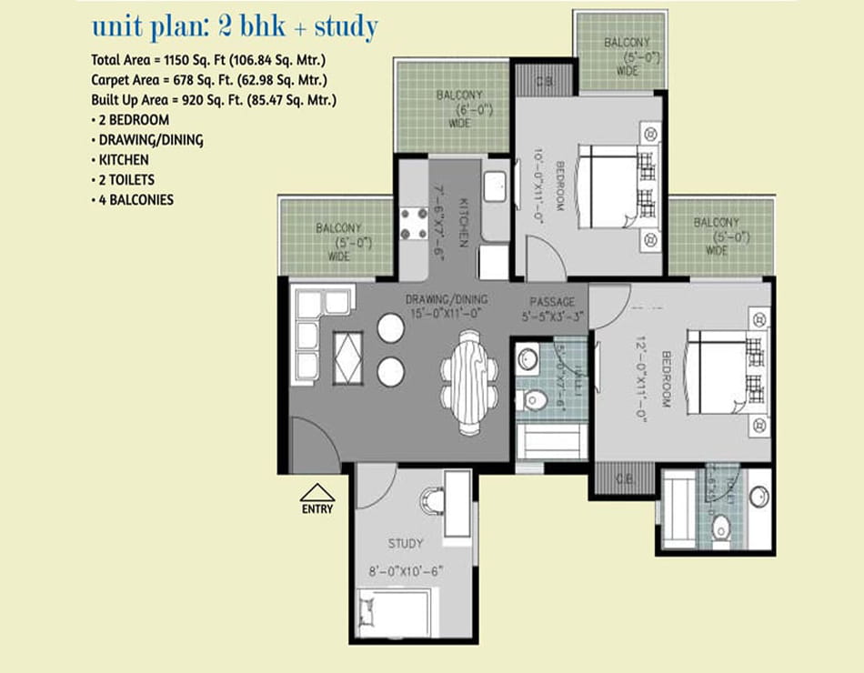 Arihant Ambar 2BHK STUDY - 1150 SQ.FT. Floor Plan