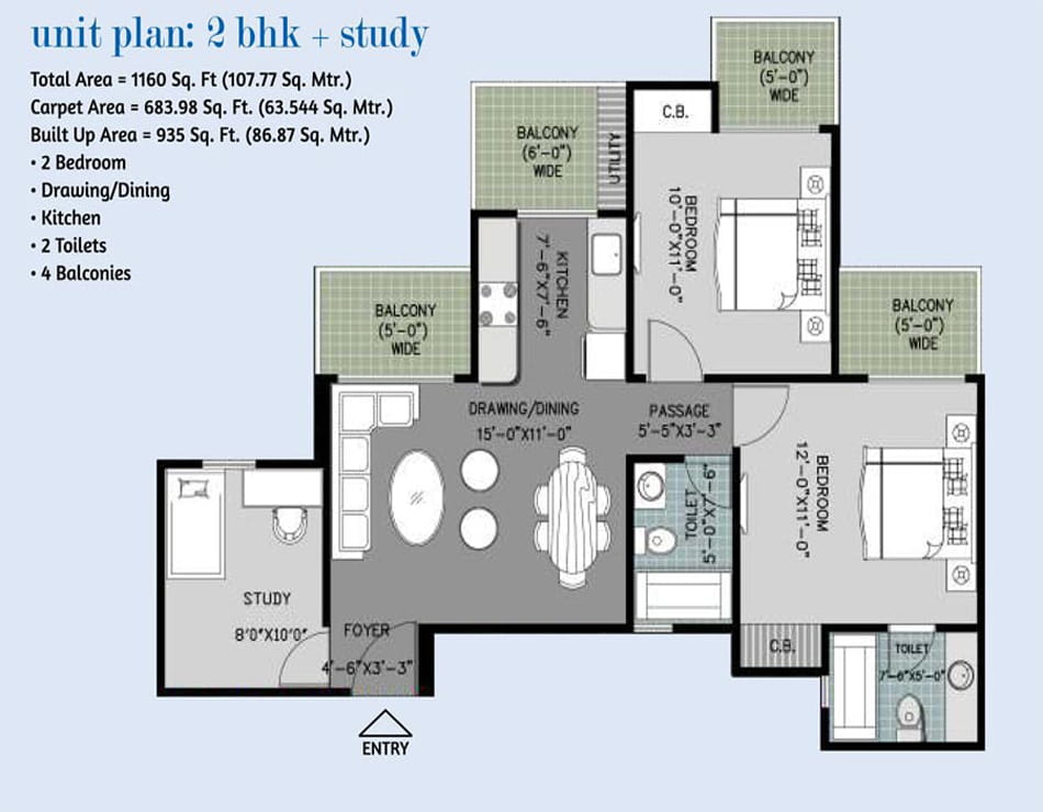 Arihant Ambar 2BHK STUDY - 1160 SQ.FT. Floor Plan