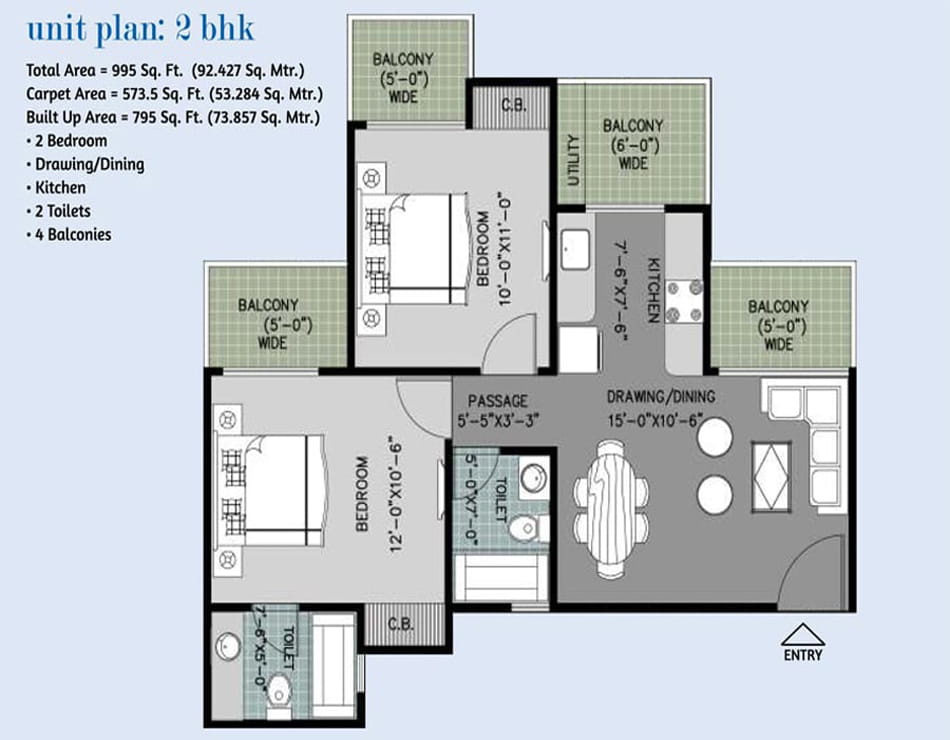 Arihant Ambar 2BHK - 995 SQ.FT. Floor Plan