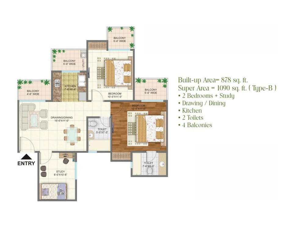 Arihant Arden 2BHK STUDY - 1090 SQ.FT. Floor Plan