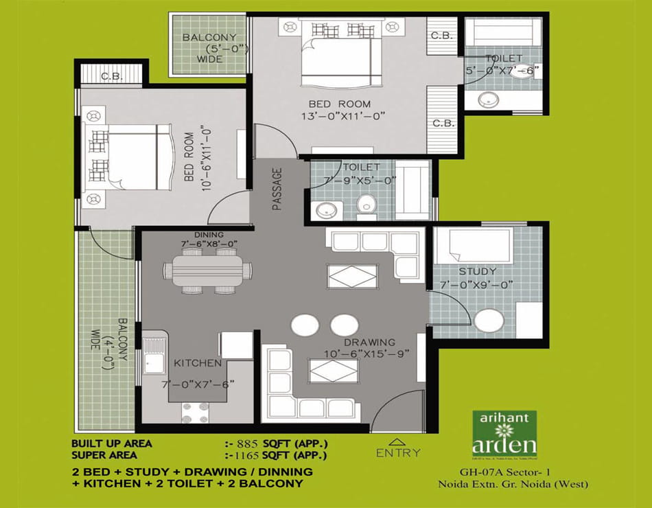Arihant Arden 2BHK STUDY - 1165 SQ.FT. Floor Plan