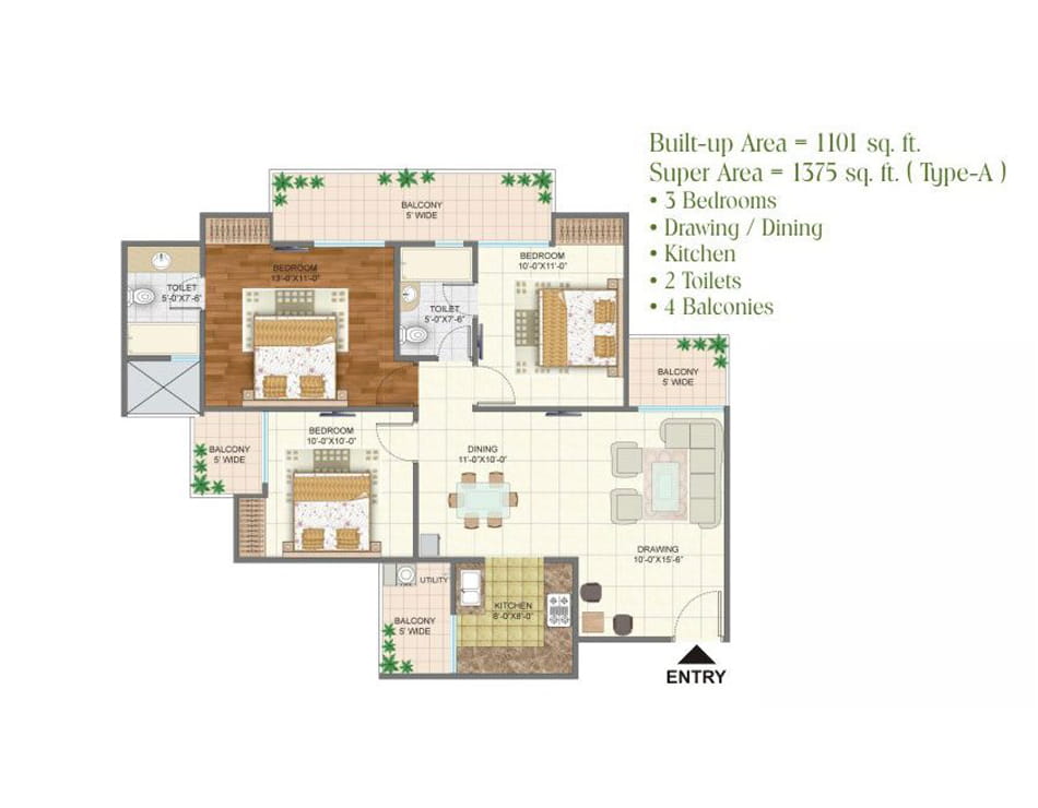 Arihant Arden 3BHK - 1375 SQ.FT. Floor Plan