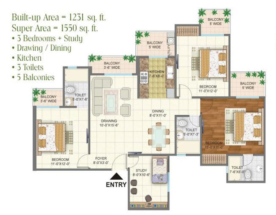 Arihant Arden 3BHK STUDY - 1550 SQ.FT. Floor Plan