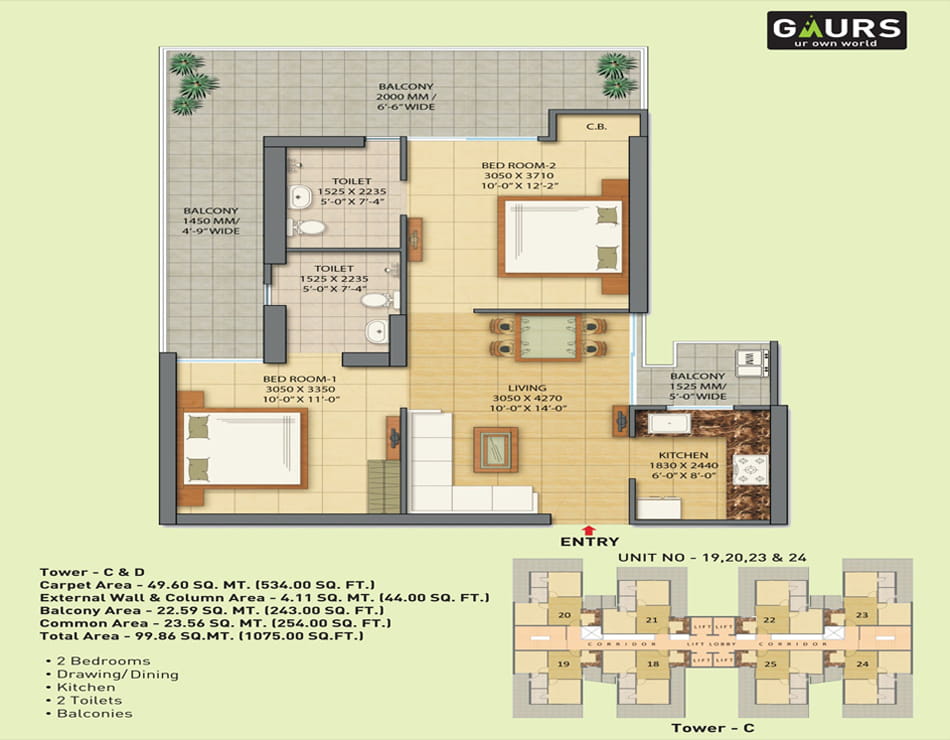 Gaur City - 7th Avenue 2BHK - 1075 Sq.Ft. Floor Plan