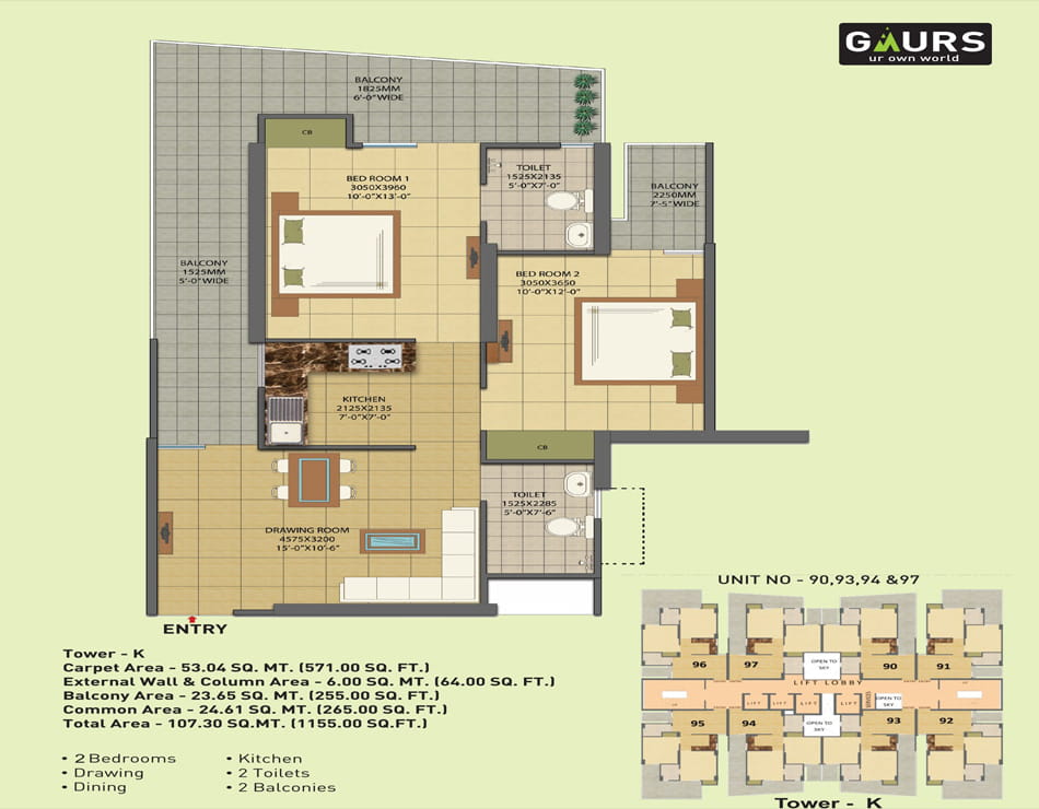 Gaur City - 7th Avenue 2BHK - 1155 Sq.Ft. Floor Plan