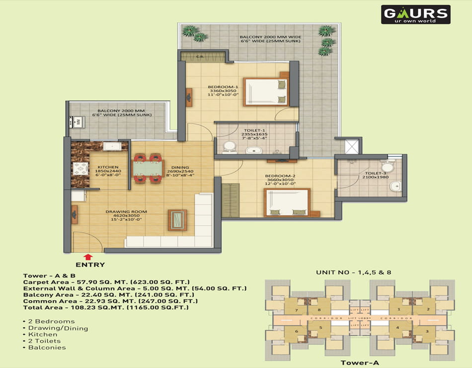 Gaur City - 7th Avenue 2BHK - 1165 Sq.Ft. Floor Plan