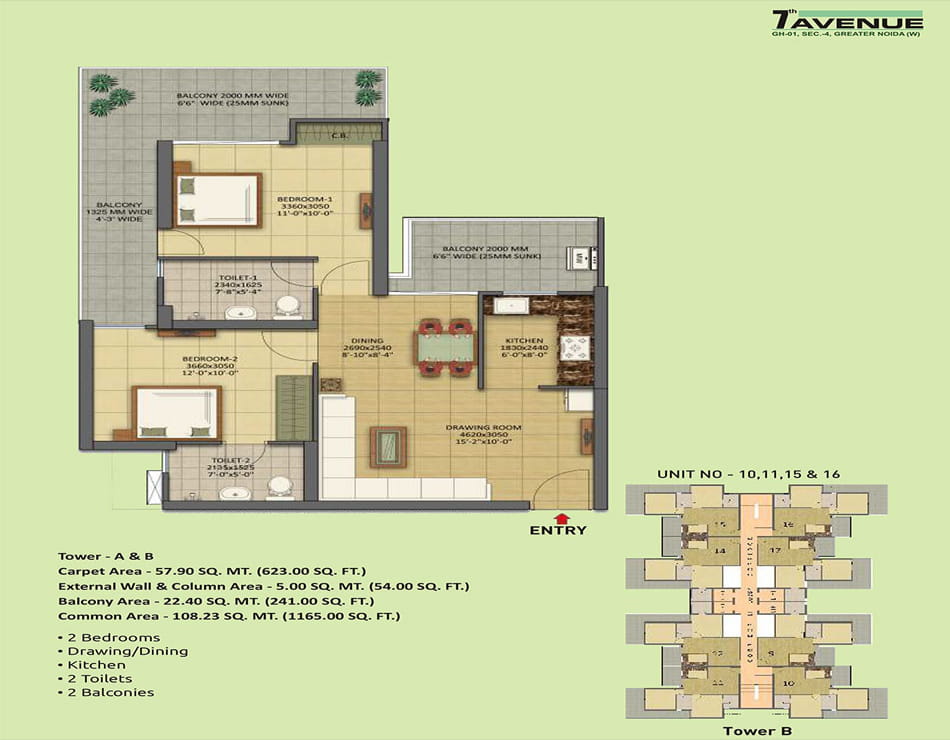 Gaur City - 7th Avenue 2BHK - 1165 Sq.Ft. Floor Plan