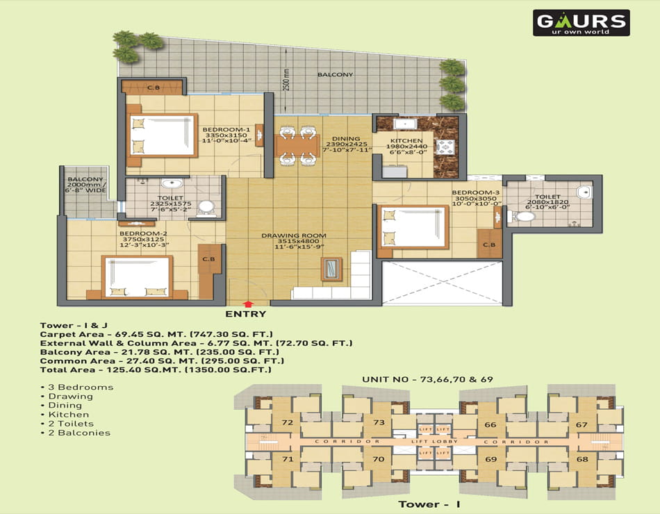 Gaur City - 7th Avenue 3BHK - 1350 Sq.Ft. Floor Plan