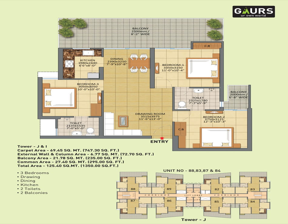 Gaur City - 7th Avenue 3BHK - 1350 Sq.Ft. Floor Plan