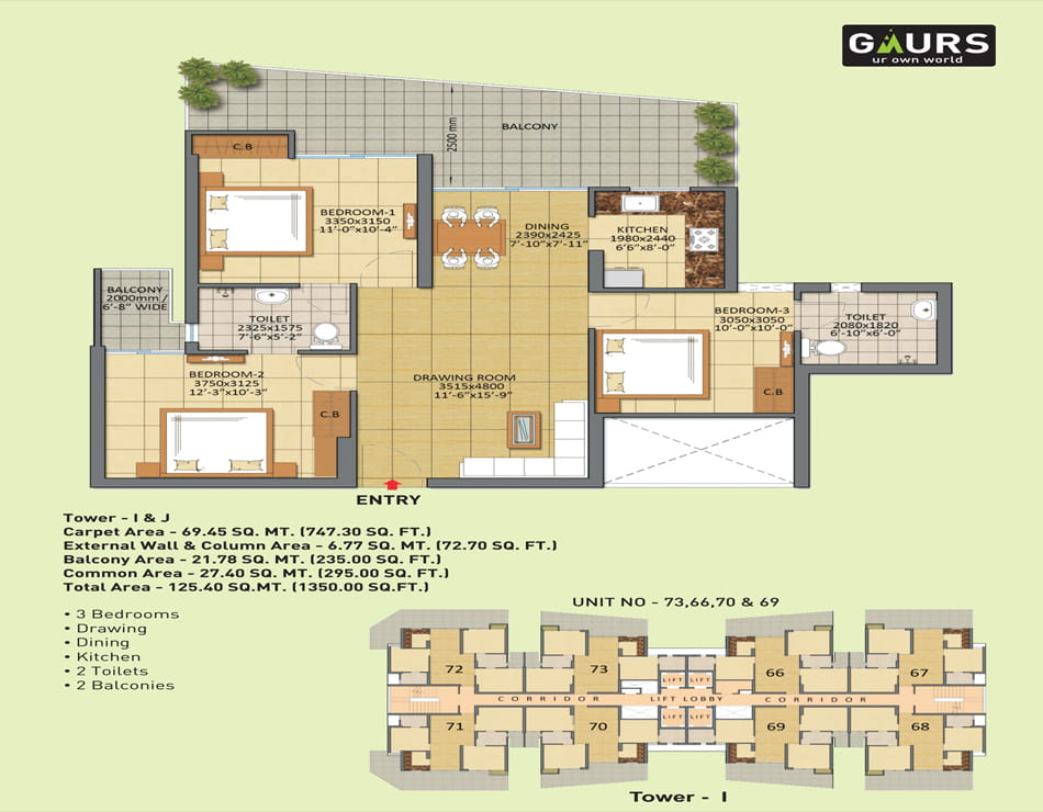 Gaur City - 7th Avenue 3BHK - 1350 Sq.Ft. Floor Plan