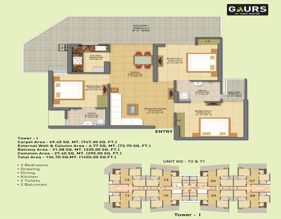 Gaur City - 7th Avenue 3BHK - 1450 Sq.Ft. Floor Plan