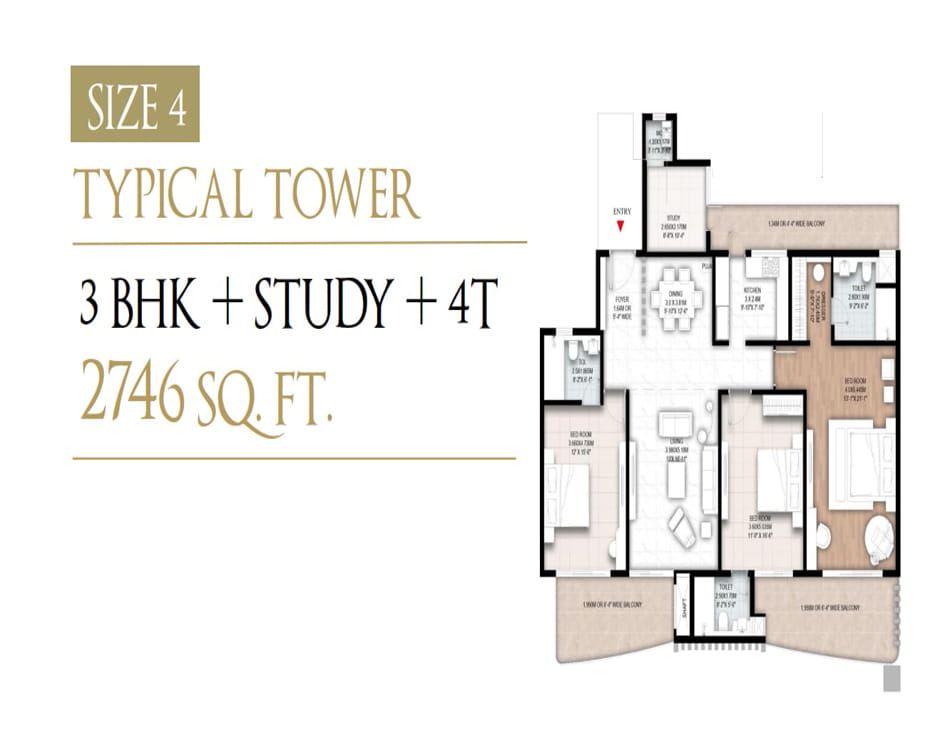 Gaur Aspire Centurian Park 3 BHK + Study - 2746 Sq.Ft. Floor Plan
