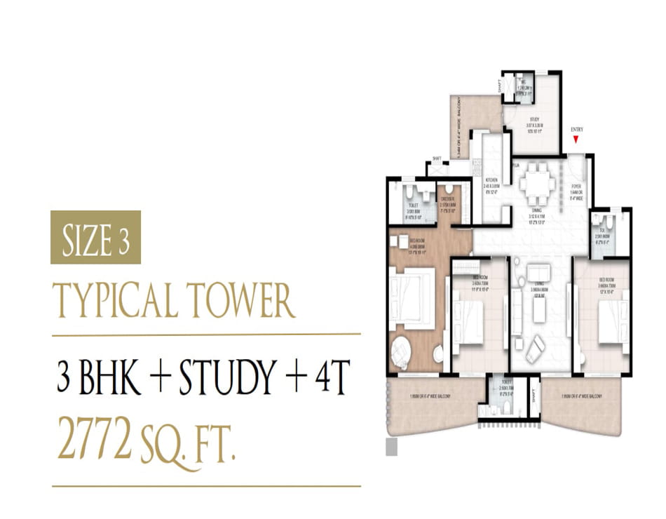 Gaur Aspire Centurian Park 3 BHK + Study - 2772 Sq.Ft. Floor Plan